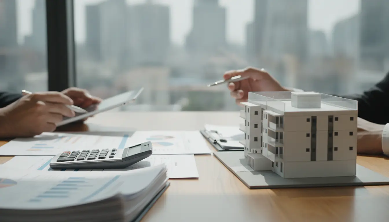 Bureau avec calculatrice, documents financiers et maquette d'immeuble locatif