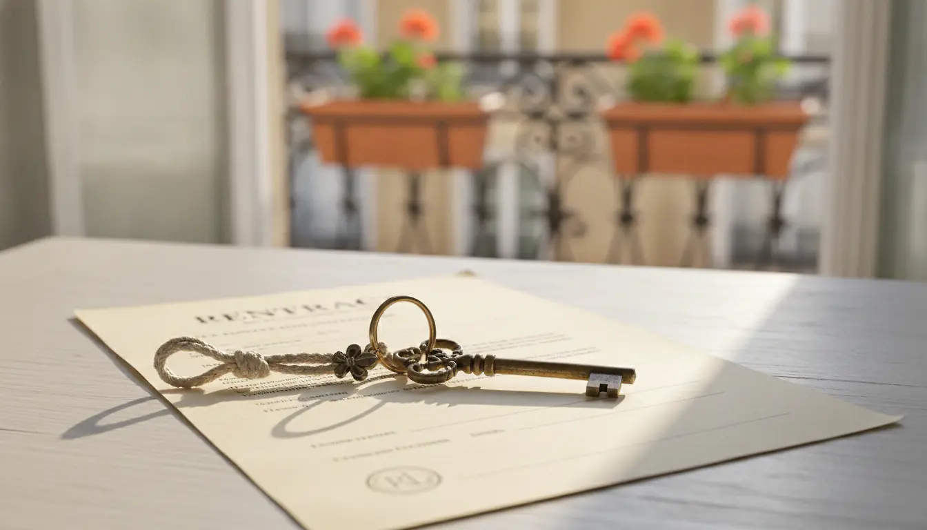 Clés de location et contrat de bail sur un bureau, dépôt de garantie immobilier