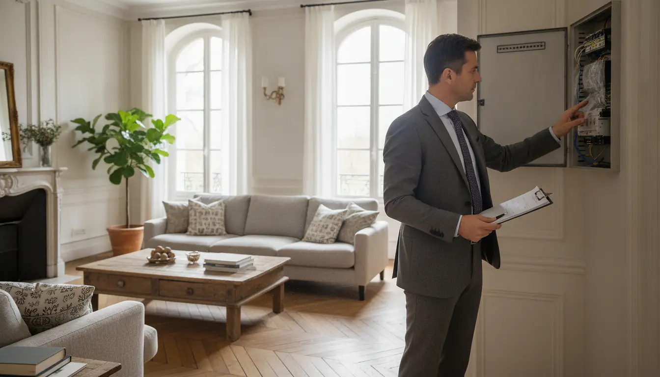Diagnostiqueur immobilier vérifiant un tableau électrique avant une vente