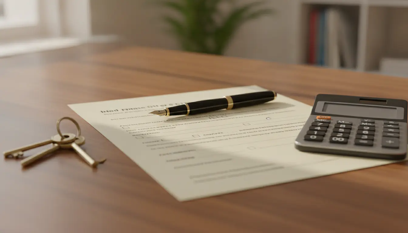 Offre d'achat immobilier posée sur un bureau en bois avec stylo plume et clés de maison
